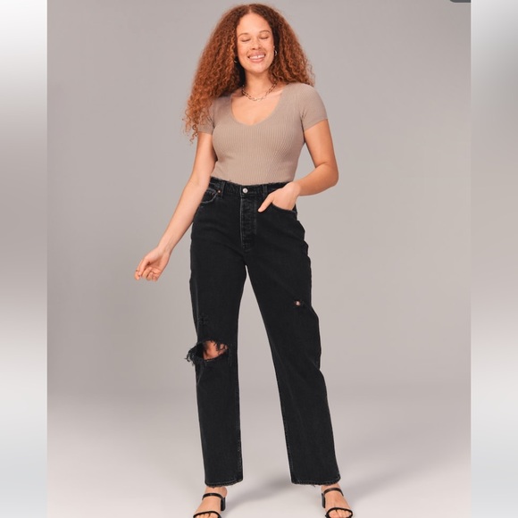 Abercrombie High Rise Dad Jeans size 26 short black distressed - Picture 1 of 15